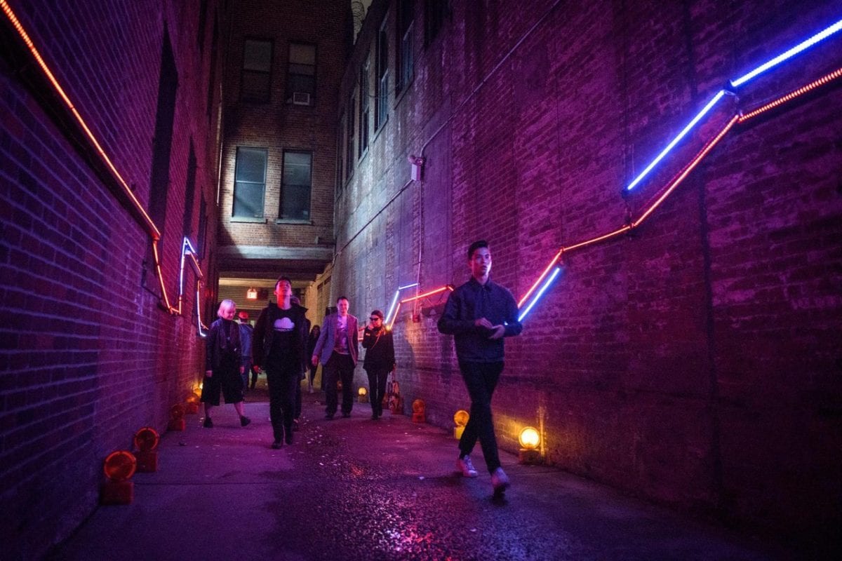 Attendees arrive at Technopolis, part of the Red Bull Music Academy Festival, at The 1896 Studio Stages in Brooklyn, NY, USA on 14 May, 2016.